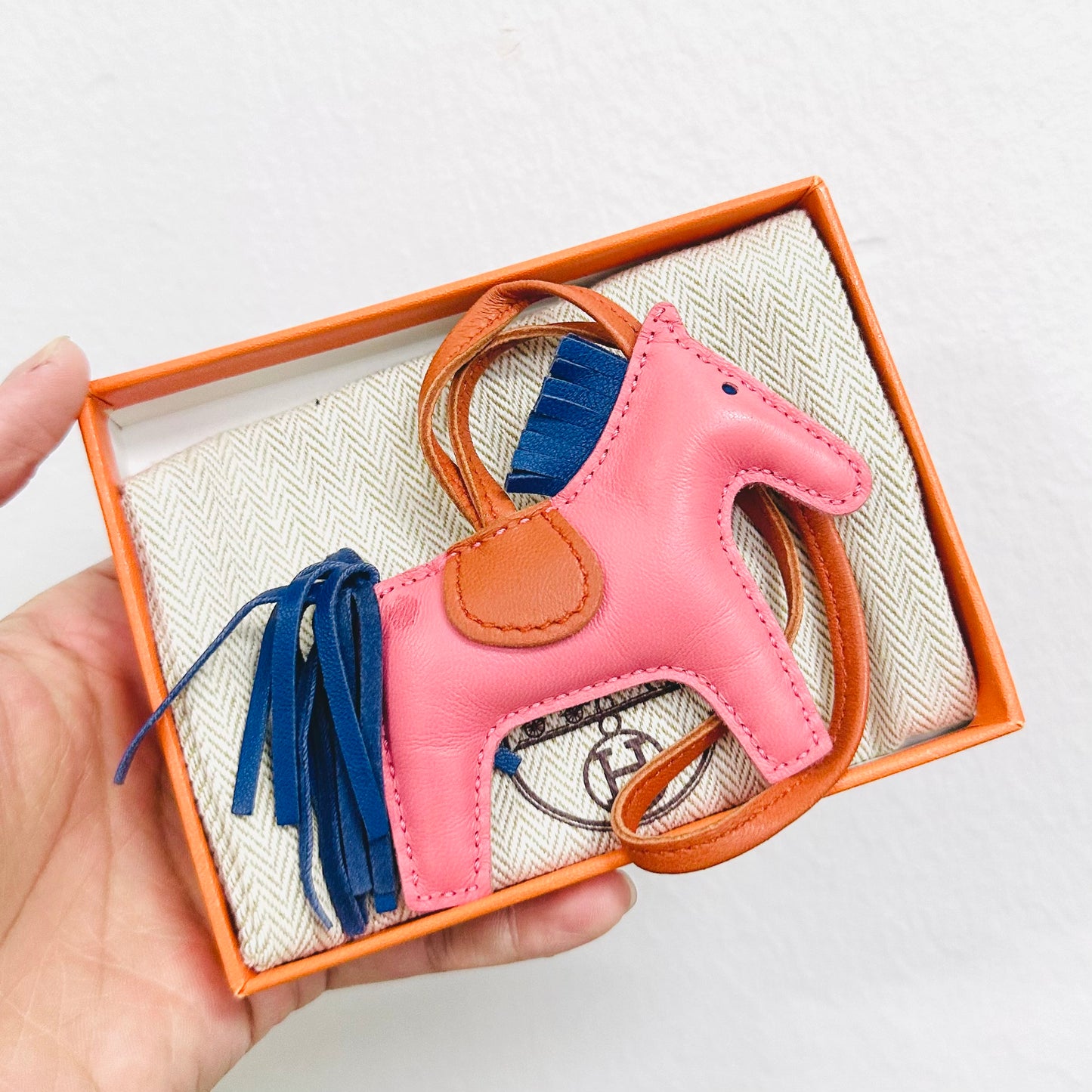 Hermes Rodeo PM Milo Lambskin Bag Charm Tri Colour Rose Azalee / Bleu De Malte / Cornelian Feu