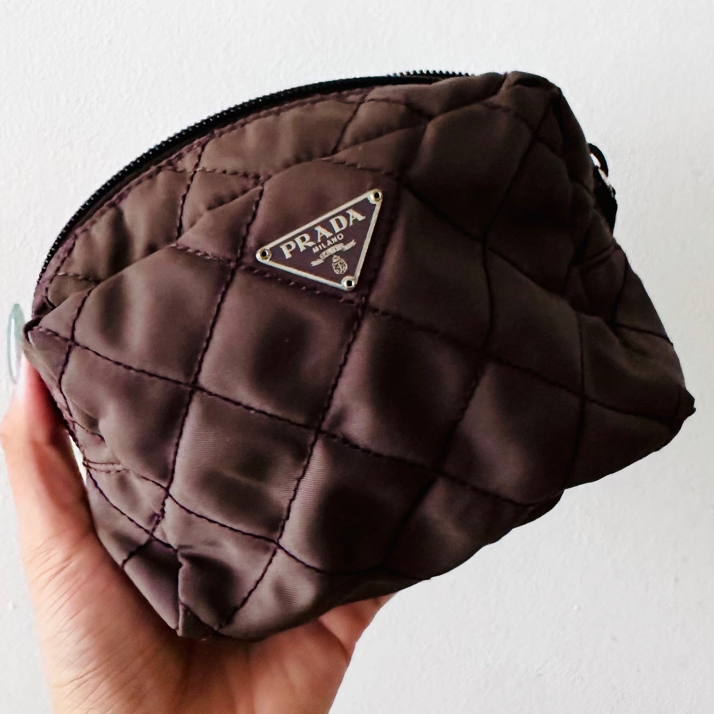 Prada Brown Quilted Tessuto Monogram Logo Classic Nylon Zip Pouch