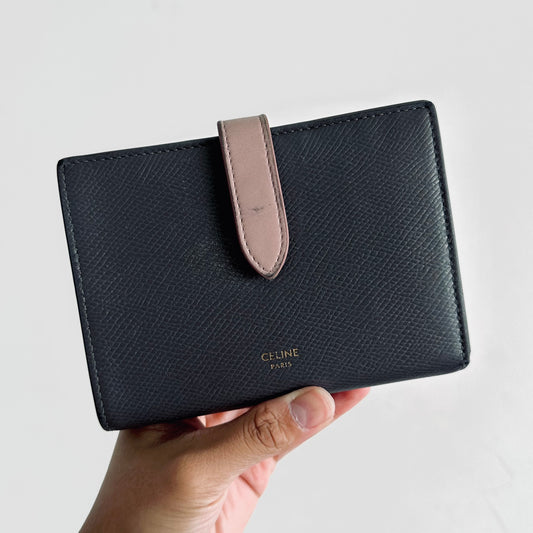 Celine Grey / Pink Bicolour GHW Grained Calfskin Leather Logo Medium Strap Compact Bifold Wallet