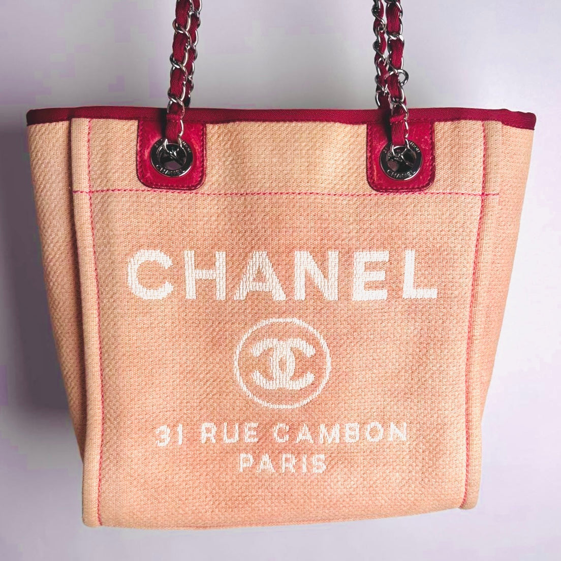 Chanel Pink Deauville PM Giant CC Monogram Logo Shoulder Shopper Tote Bag 16s
