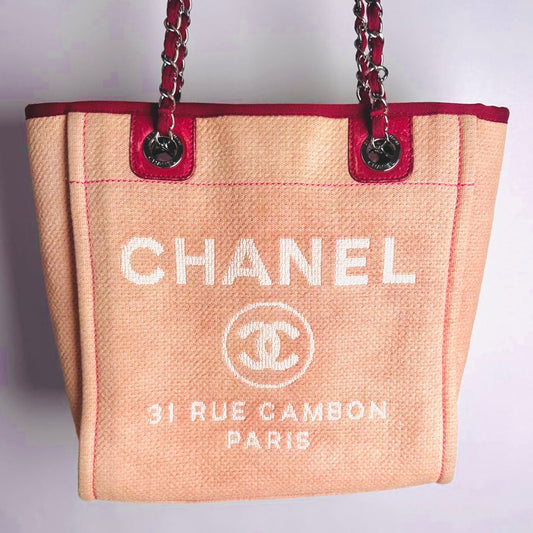 Chanel Pink Deauville PM Giant CC Monogram Logo Shoulder Shopper Tote Bag 16s
