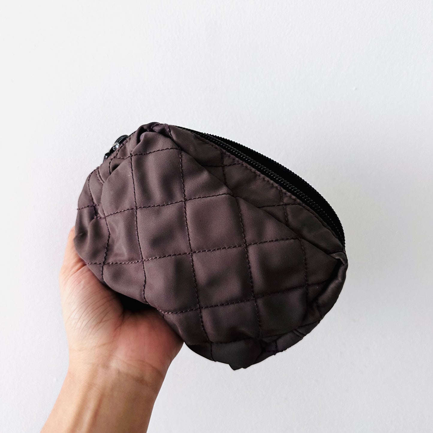 Prada Brown Quilted Tessuto Monogram Logo Classic Nylon Zip Pouch