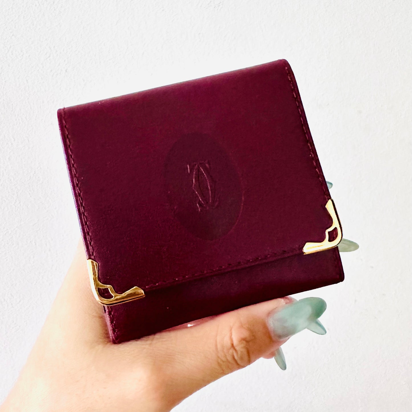 Cartier Maroon GHW Monogram Logo Smooth Leather Vintage Flap Compact Wallet