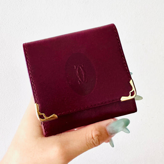 Cartier Maroon GHW Monogram Logo Smooth Leather Vintage Flap Compact Wallet
