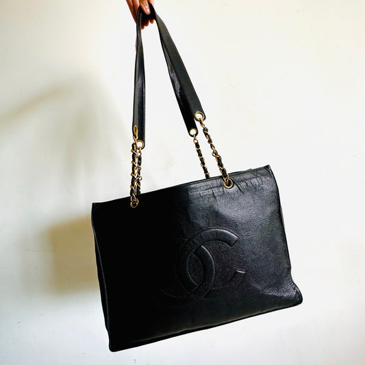 Chanel Black GHW Giant CC Logo Caviar Leather Vintage Shopper Shoulder Tote Bag