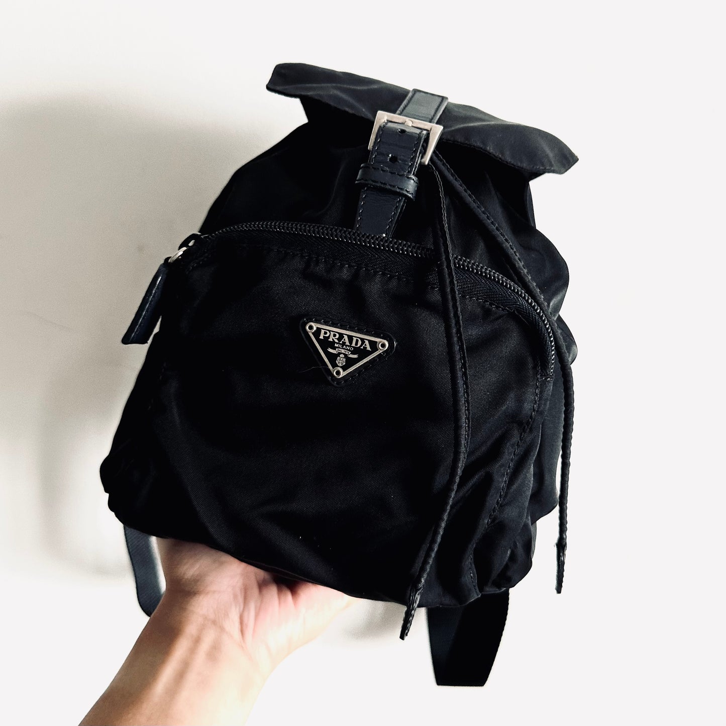 Prada Black Classic Logo Nylon & Leather Small Backpack Drawstring Bag