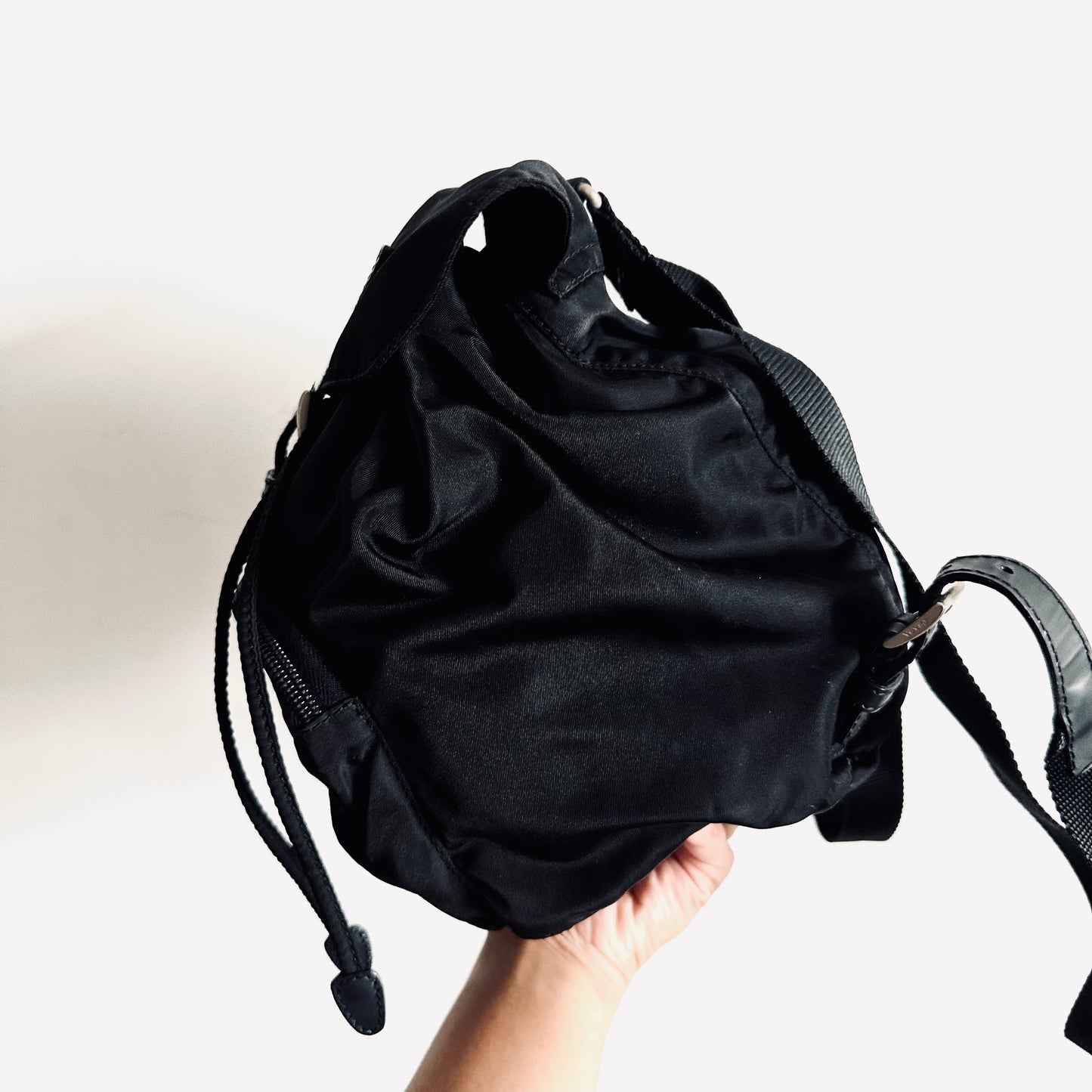 Prada Black Classic Logo Nylon & Leather Small Backpack Drawstring Bag