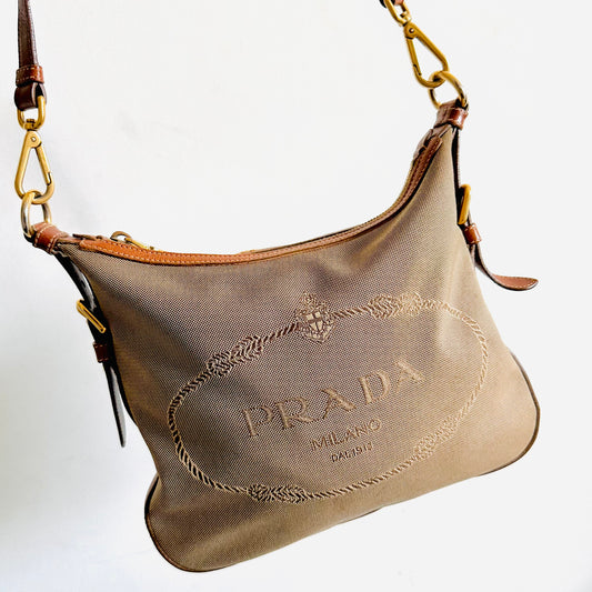 Prada Jacquard Classic Giant Monogram Logo GHW Hobo Baguette Shoulder Sling Bag