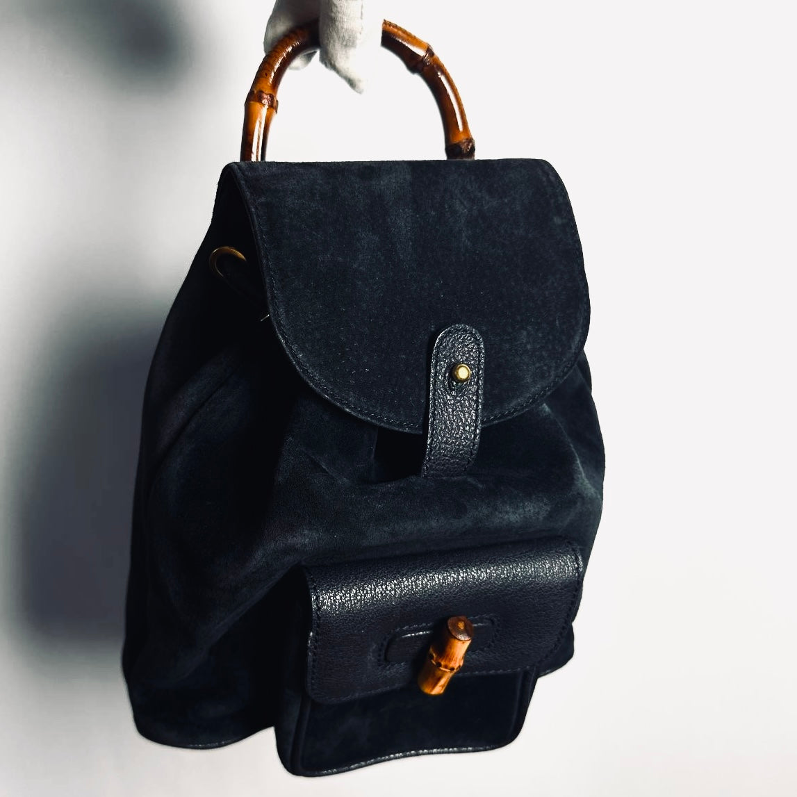 Gucci Black GHW Bamboo Handle Small Suede & Leather Monogram Logo Flap Backpack Bag