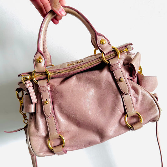 Miu Miu Mauve Pink Bow GHW Vitello Lux Small Classic Logo 2-Way Shopper Shoulder Sling Tote Bag