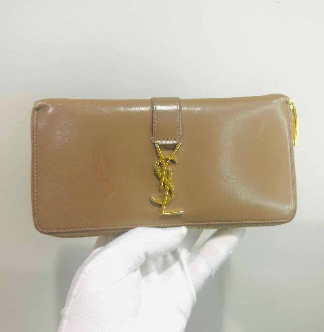 YSL Yves Saint Laurent Warm Taupe GHW Cassandre Smooth Leather Zippy Zip Around Long Wallet