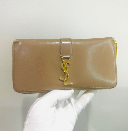 YSL Yves Saint Laurent Warm Taupe GHW Cassandre Smooth Leather Zippy Zip Around Long Wallet