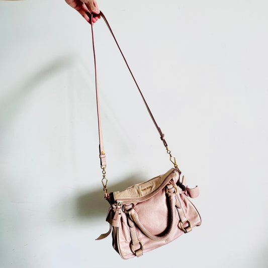 Miu Miu Mauve Pink Bow GHW Vitello Lux Small Classic Logo 2-Way Shopper Shoulder Sling Tote Bag