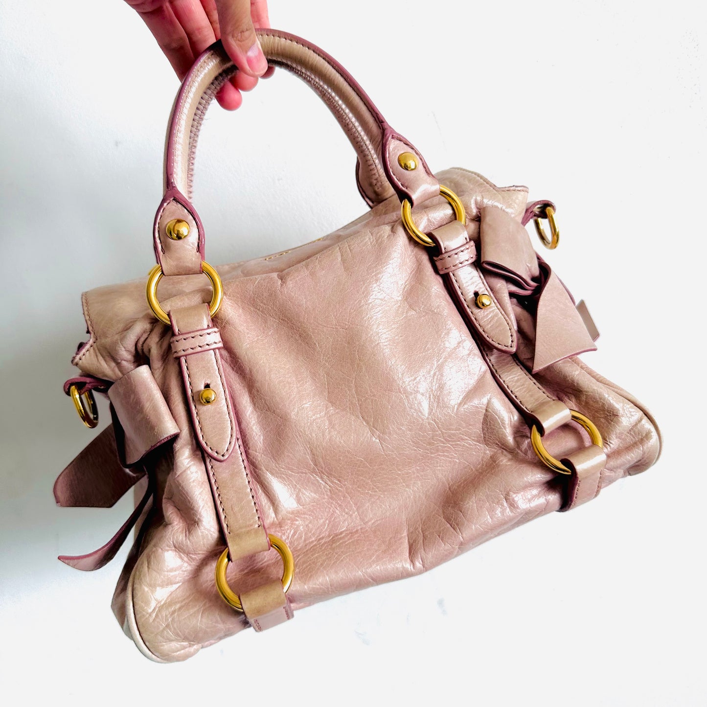Miu Miu Mauve Pink Bow GHW Vitello Lux Small Classic Logo 2-Way Shopper Shoulder Sling Tote Bag