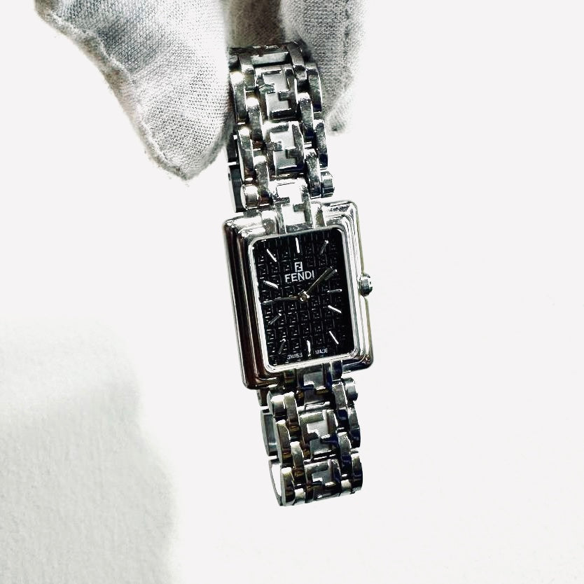 Fendi FF Monogram Logo Black Dial Rectangular Stainless Steel 19MM Quartz Bracelet Watch