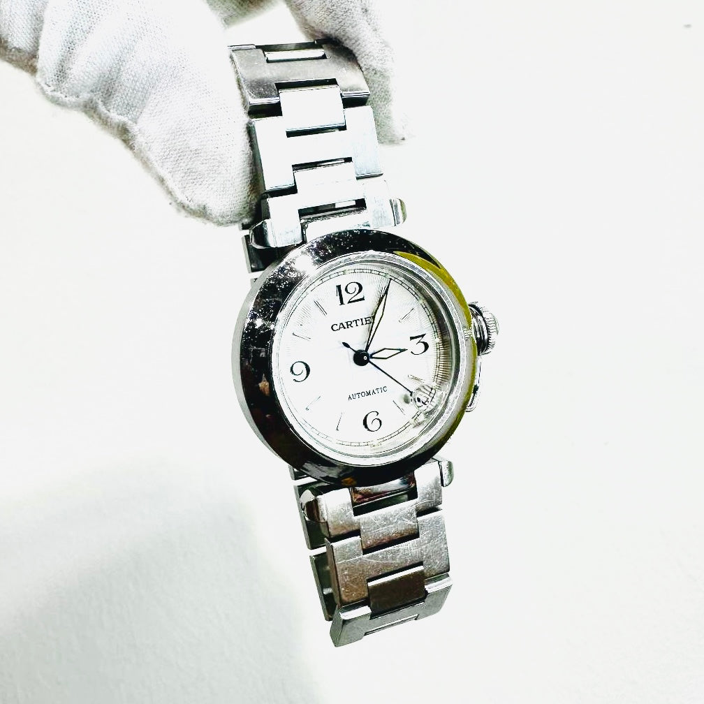 Cartier Pasha Stainless Steel White Round Dial Monogram Logo 35MM Automatic Watch