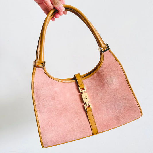 Gucci Pink / Tan Brown Jackie Monogram Logo Suede & Leather Vintage Hobo Shoulder Bag