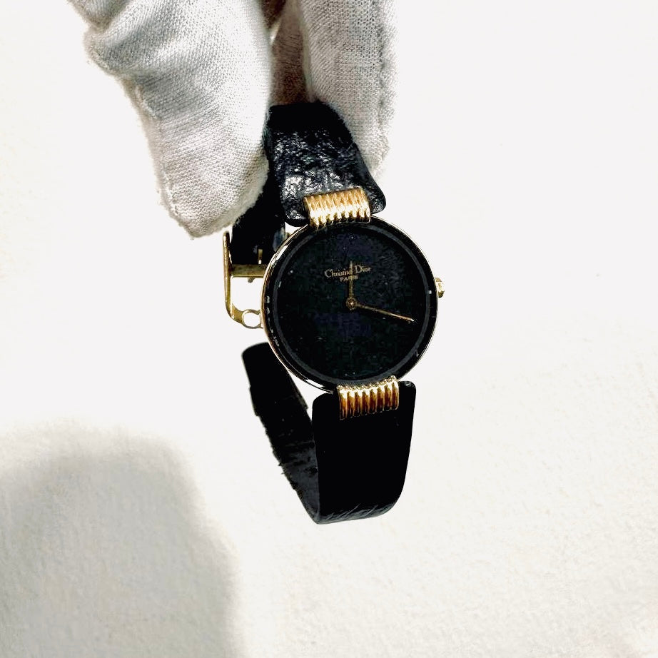 Christian Dior CD Bagira Monogram Logo GHW 26MM Black Leather Strap Quartz Watch