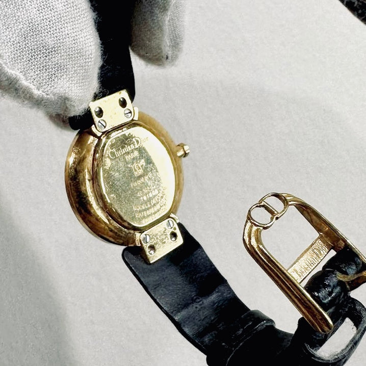 Christian Dior CD Bagira Monogram Logo GHW 26MM Black Leather Strap Quartz Watch