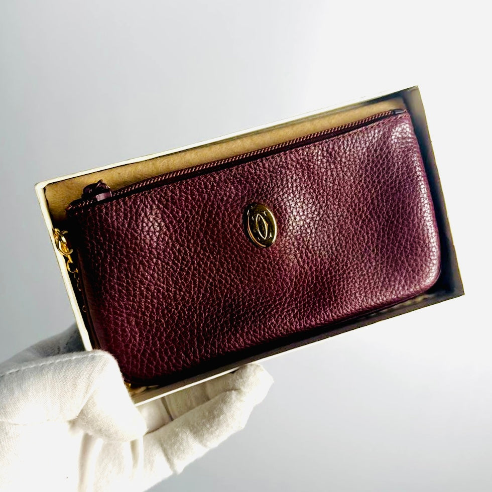 Cartier Must / Mast de Cartier Burgundy Red Maroon GHW Grained Leather 2-Way Chain Pochette Accessories Wrislet Pouch Clutch Case