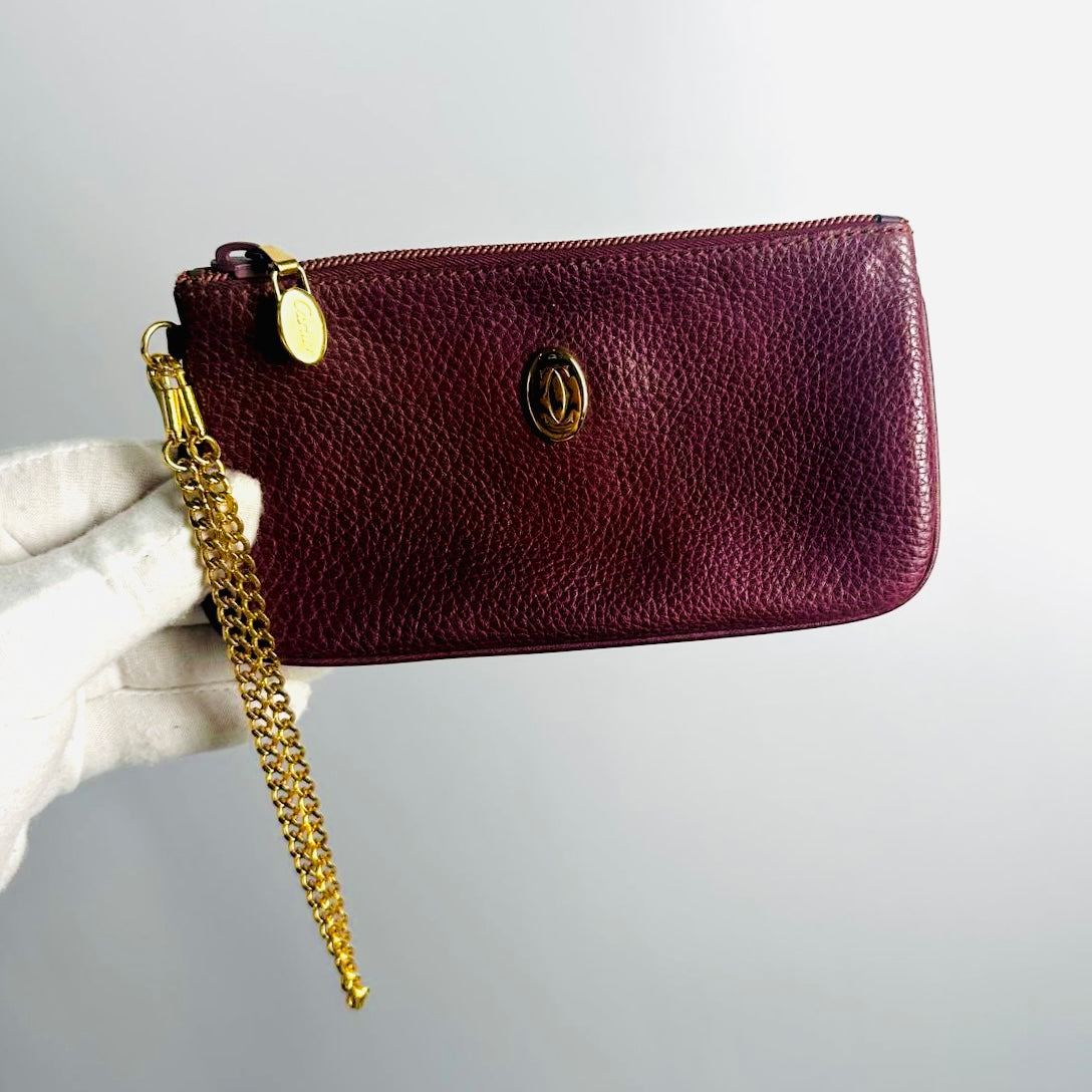 Cartier Must / Mast de Cartier Burgundy Red Maroon GHW Grained Leather 2-Way Chain Pochette Accessories Wrislet Pouch Clutch Case