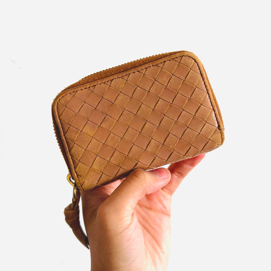 Bottega Veneta BV Intrecciato Caramel Brown GHW Nappa Woven Leather Zippy Zip Around Compact Purse Wallet