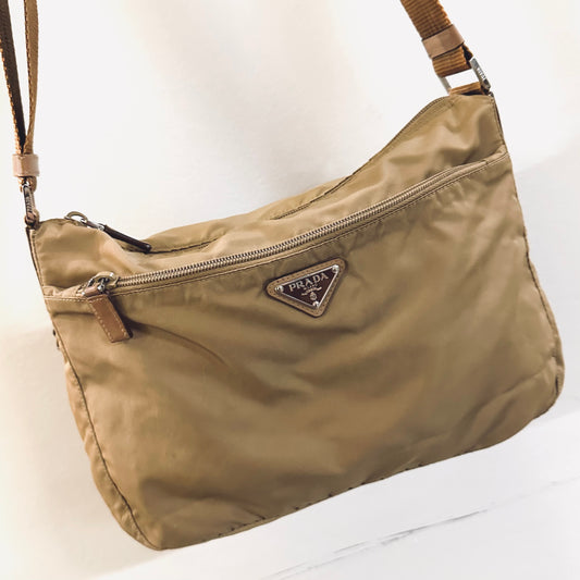 Prada Beige Classic Logo Utility Vela Sport Nylon & Leather Camera Shoulder Sling Bag