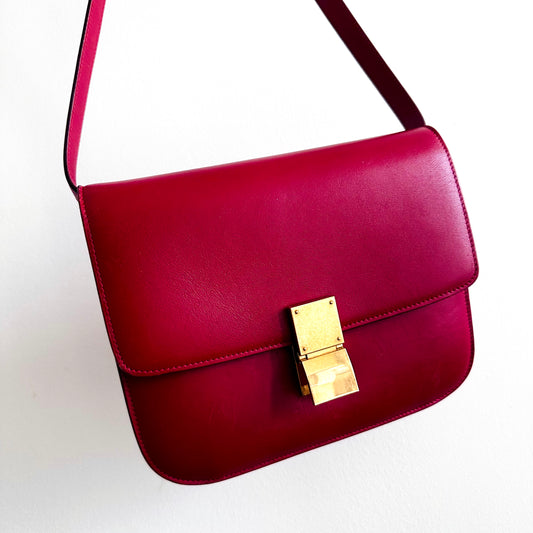 Celine Deep Red GHW Medium Classic Box Monogram Logo Smooth Leather Flap Shoulder Sling Bag