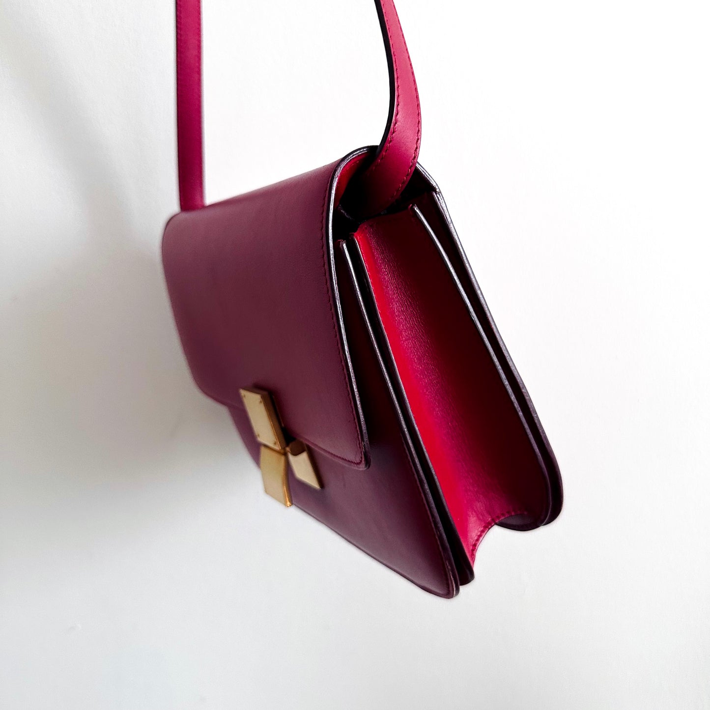 Celine Deep Red GHW Medium Classic Box Monogram Logo Smooth Leather Flap Shoulder Sling Bag