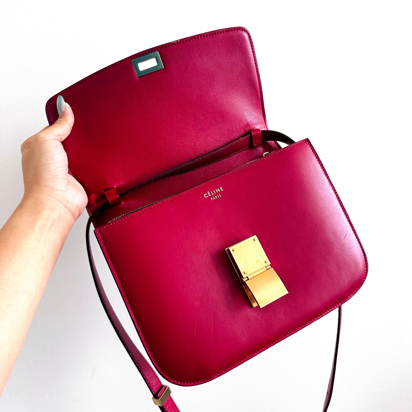 Celine Deep Red GHW Medium Classic Box Monogram Logo Smooth Leather Flap Shoulder Sling Bag