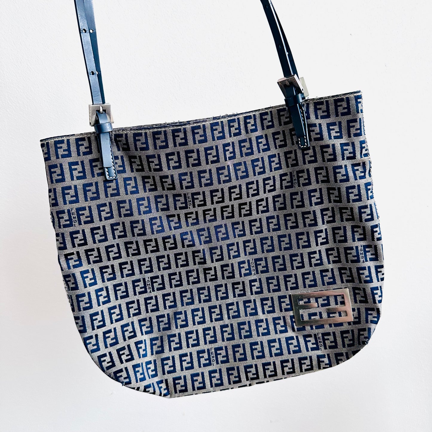 Fendi Zucca Navy Blue Zucchino FF Monogram Logo Shopper Shoulder Tote Bag