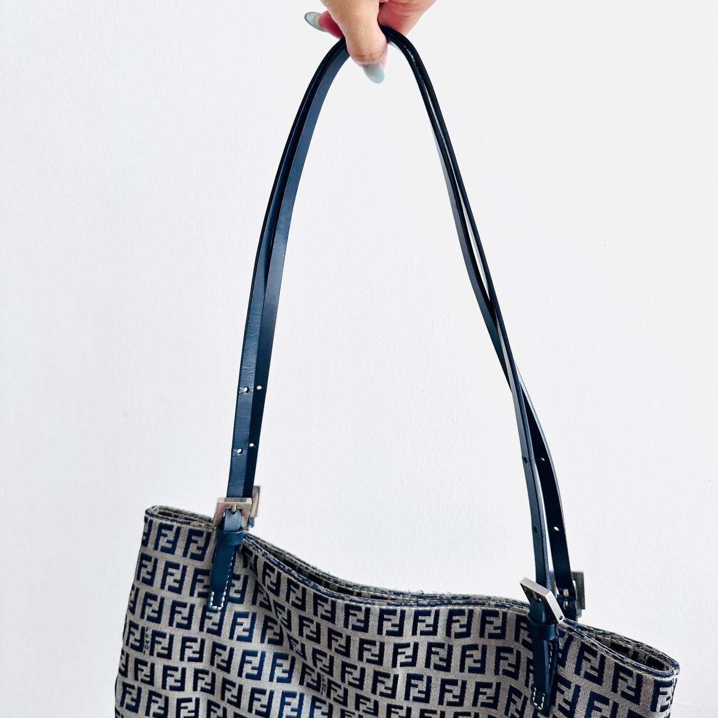 Fendi Zucca Navy Blue Zucchino FF Monogram Logo Shopper Shoulder Tote Bag