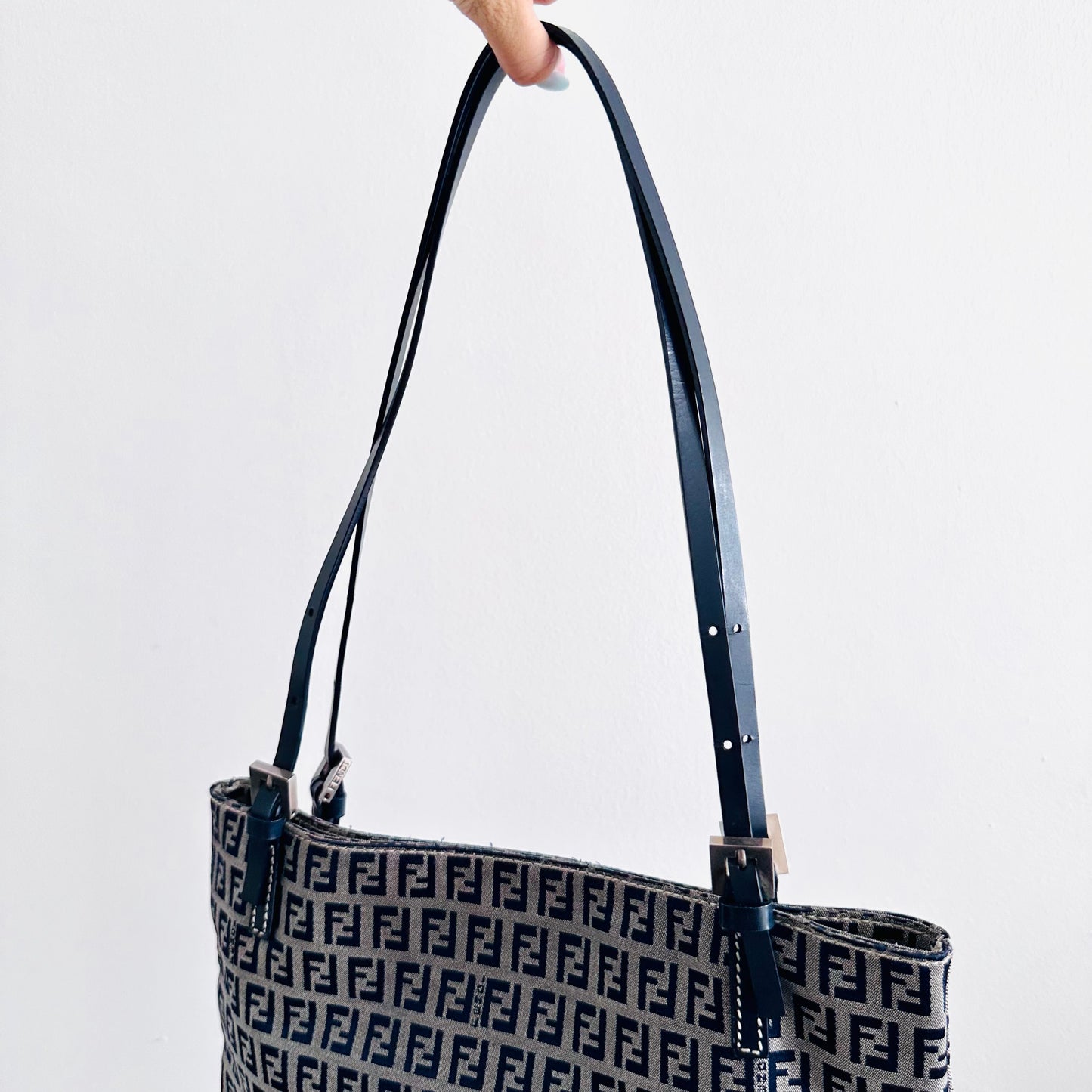 Fendi Zucca Navy Blue Zucchino FF Monogram Logo Shopper Shoulder Tote Bag