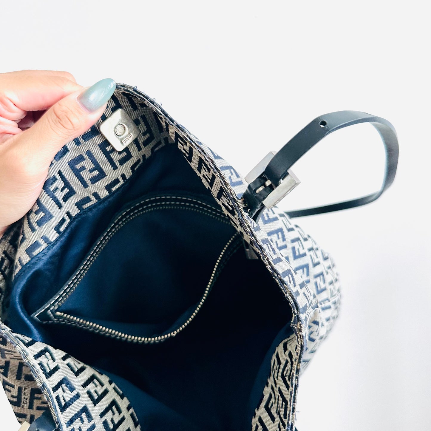 Fendi Zucca Navy Blue Zucchino FF Monogram Logo Shopper Shoulder Tote Bag