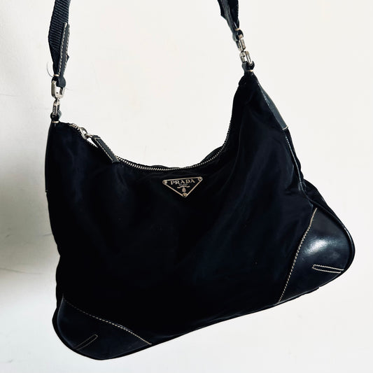 Prada Black Tessuto Monogram Logo Hobo Baguette Shoulder Sling Bag