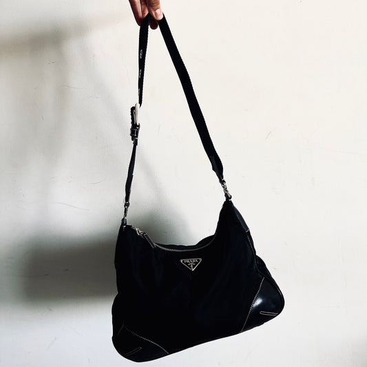 Prada Black Tessuto Monogram Logo Hobo Baguette Shoulder Sling Bag