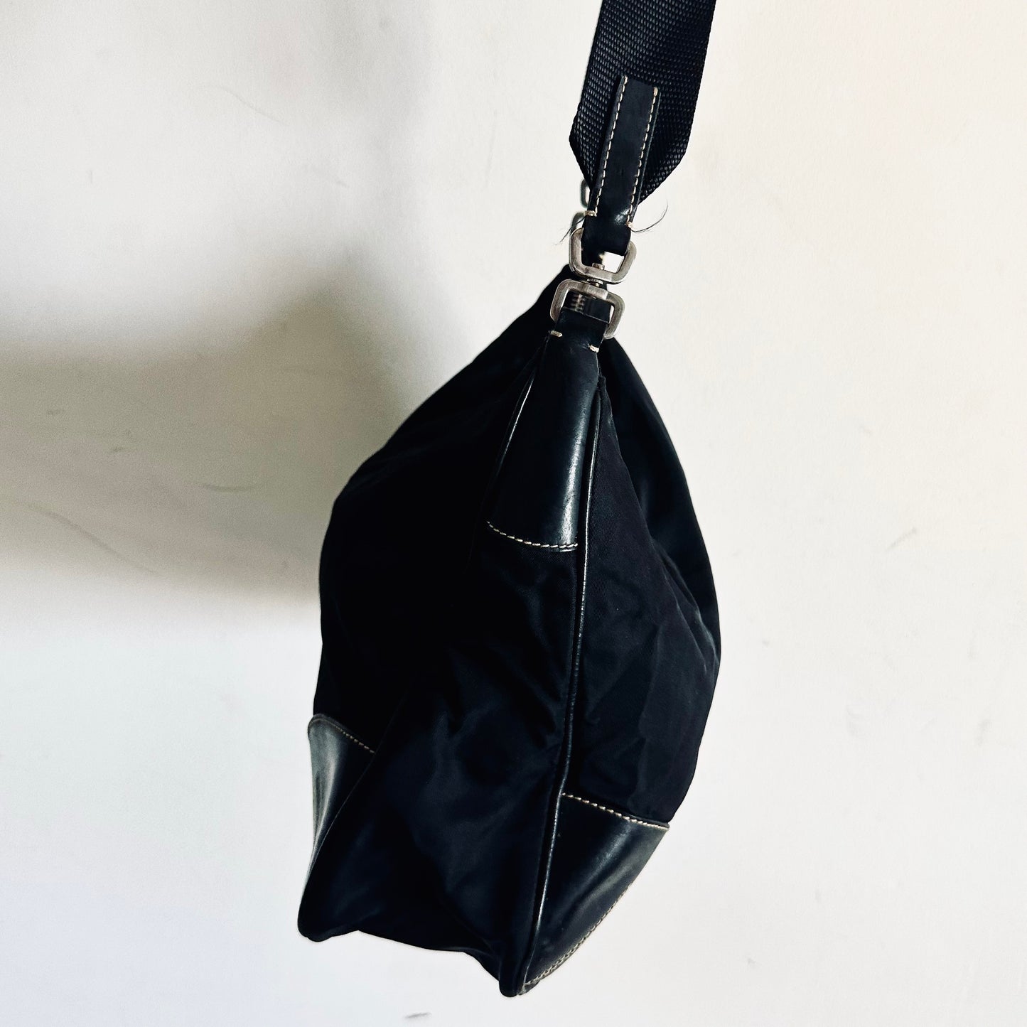 Prada Black Tessuto Monogram Logo Hobo Baguette Shoulder Sling Bag