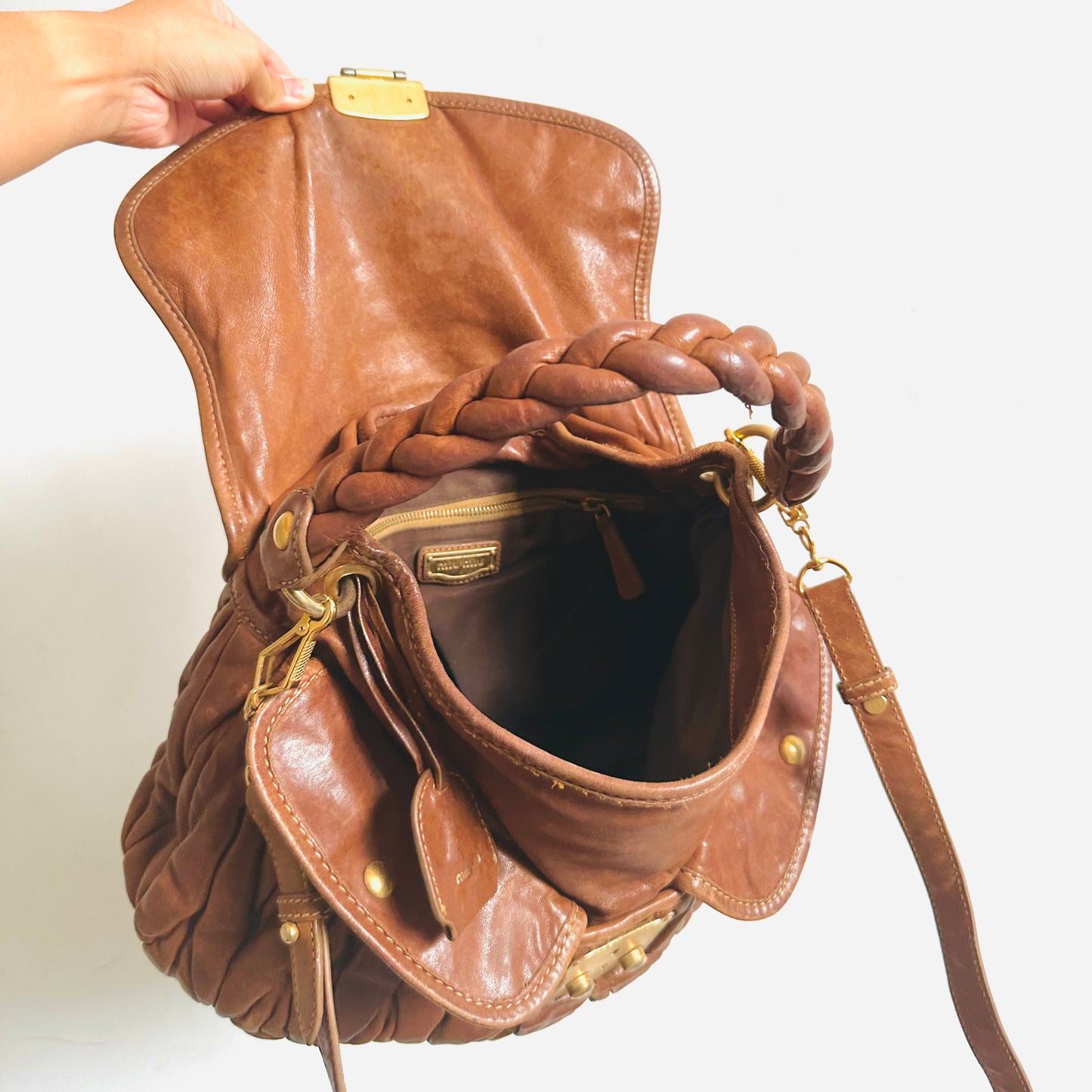 Miu Miu Caramel Brown GHW Matelasse Lux Leather Classic Logo 2-Way Bauletto Hobo Shopper Shoulder Baguette Sling Bag