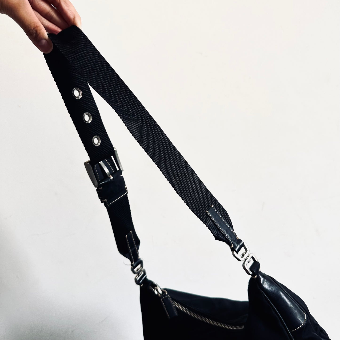 Prada Black Tessuto Monogram Logo Hobo Baguette Shoulder Sling Bag