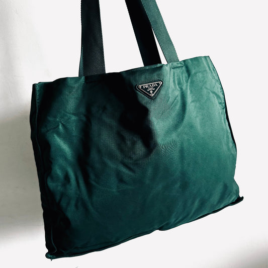 Prada Dark Green Malachite Tessuto Classic Monogram Logo Nylon Shopper Shoulder Tote Bag