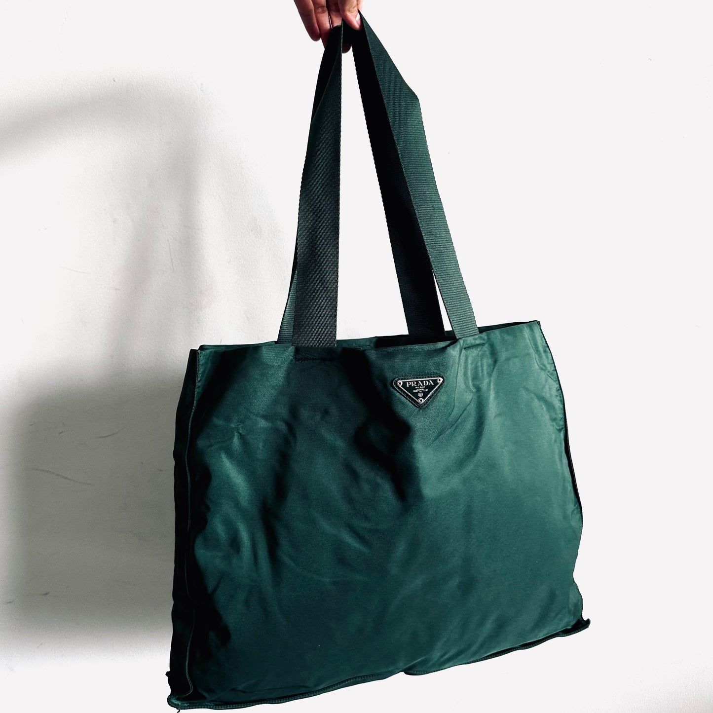 Prada Dark Green Malachite Tessuto Classic Monogram Logo Nylon Shopper Shoulder Tote Bag