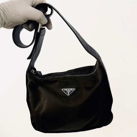 Prada Dark Khaki Ebano Classic Nylon & Leather Tessuto Monogram Logo Camera Shoulder Sling Bag
