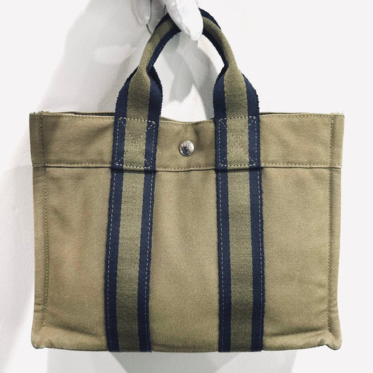 Hermes Khaki Taupe Herline Fourre Fool Toile PM Structured Shopper Tote Bag