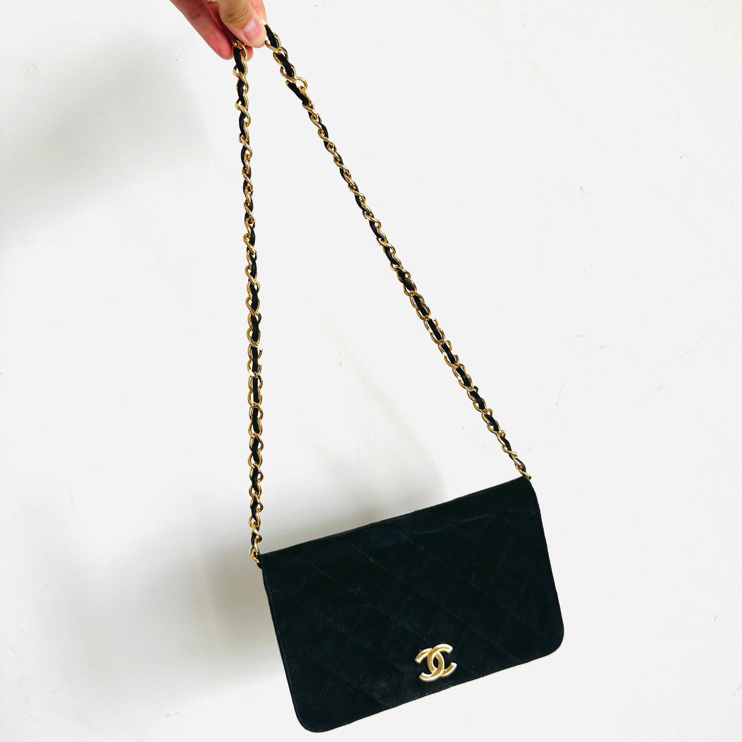 Chanel Black GHW CC Logo Mini Single Full Flap Quilted Suede Vintage Shoulder Sling Bag Pre Series