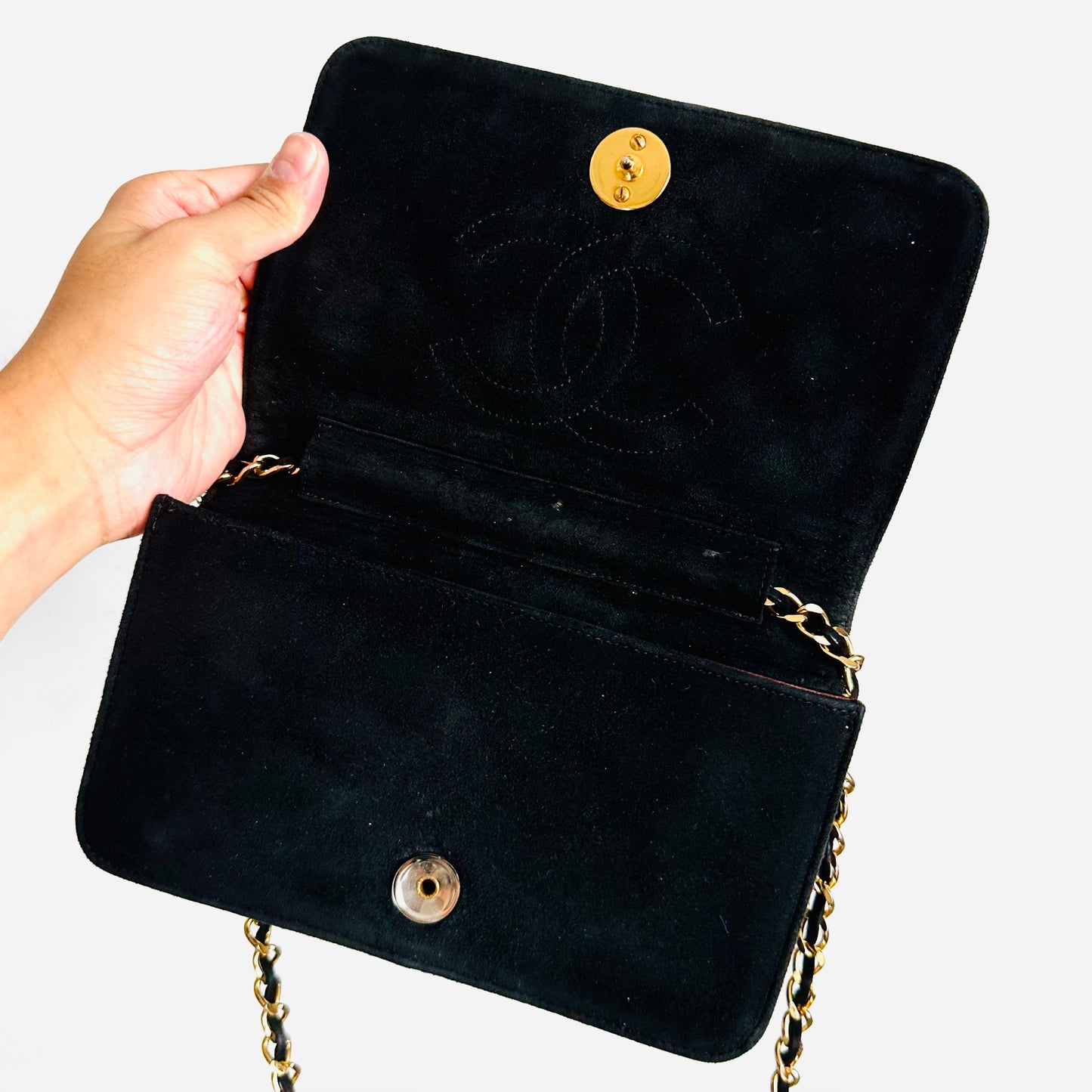 Chanel Black GHW CC Logo Mini Single Full Flap Quilted Suede Vintage Shoulder Sling Bag Pre Series
