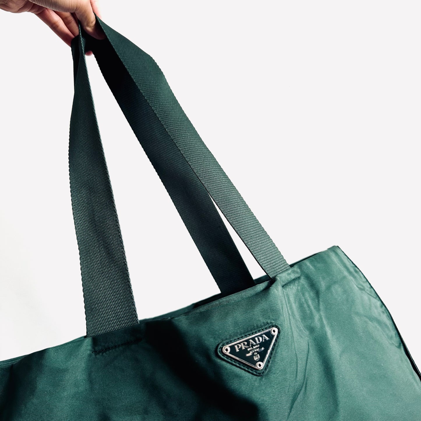 Prada Dark Green Malachite Tessuto Classic Monogram Logo Nylon Shopper Shoulder Tote Bag