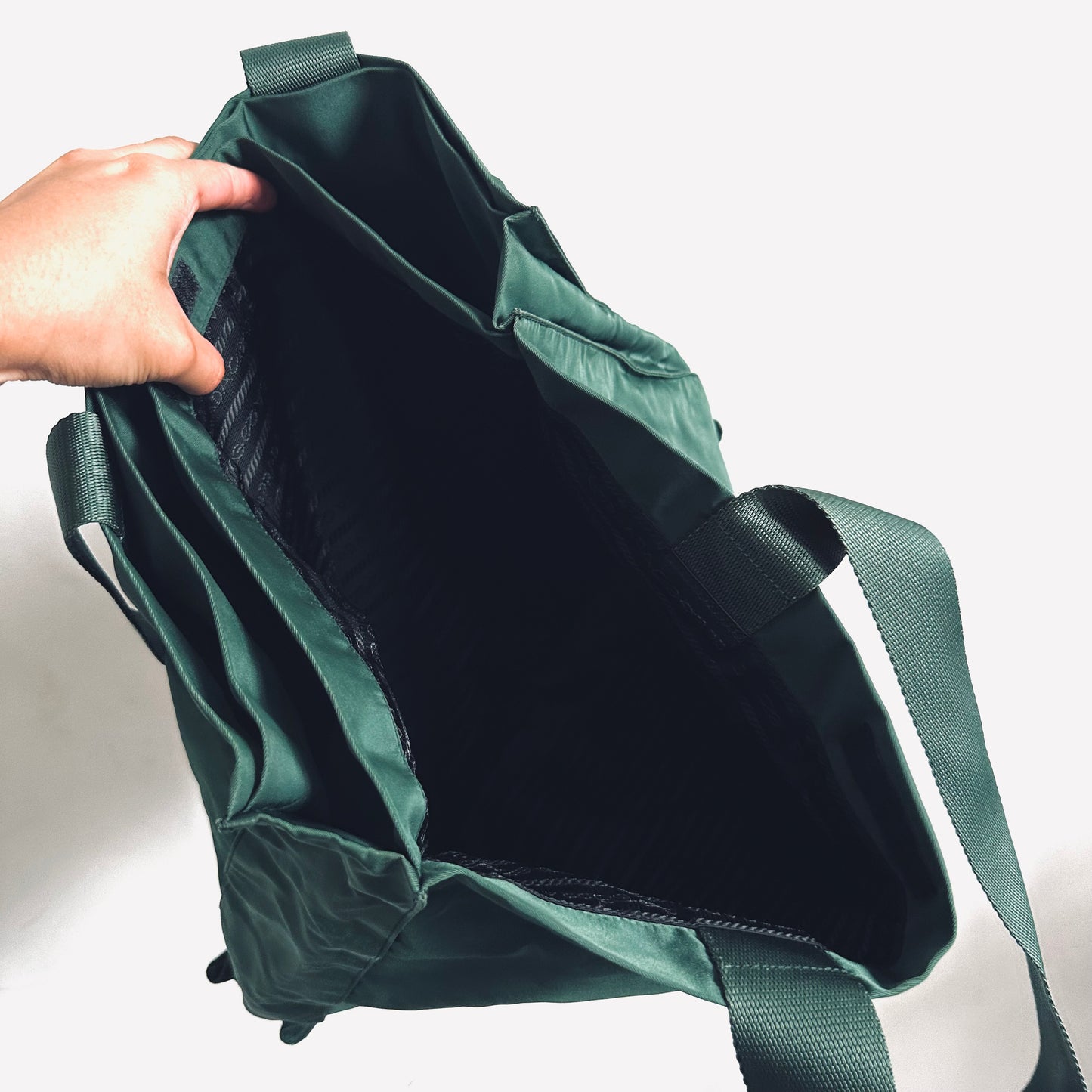 Prada Dark Green Malachite Tessuto Classic Monogram Logo Nylon Shopper Shoulder Tote Bag