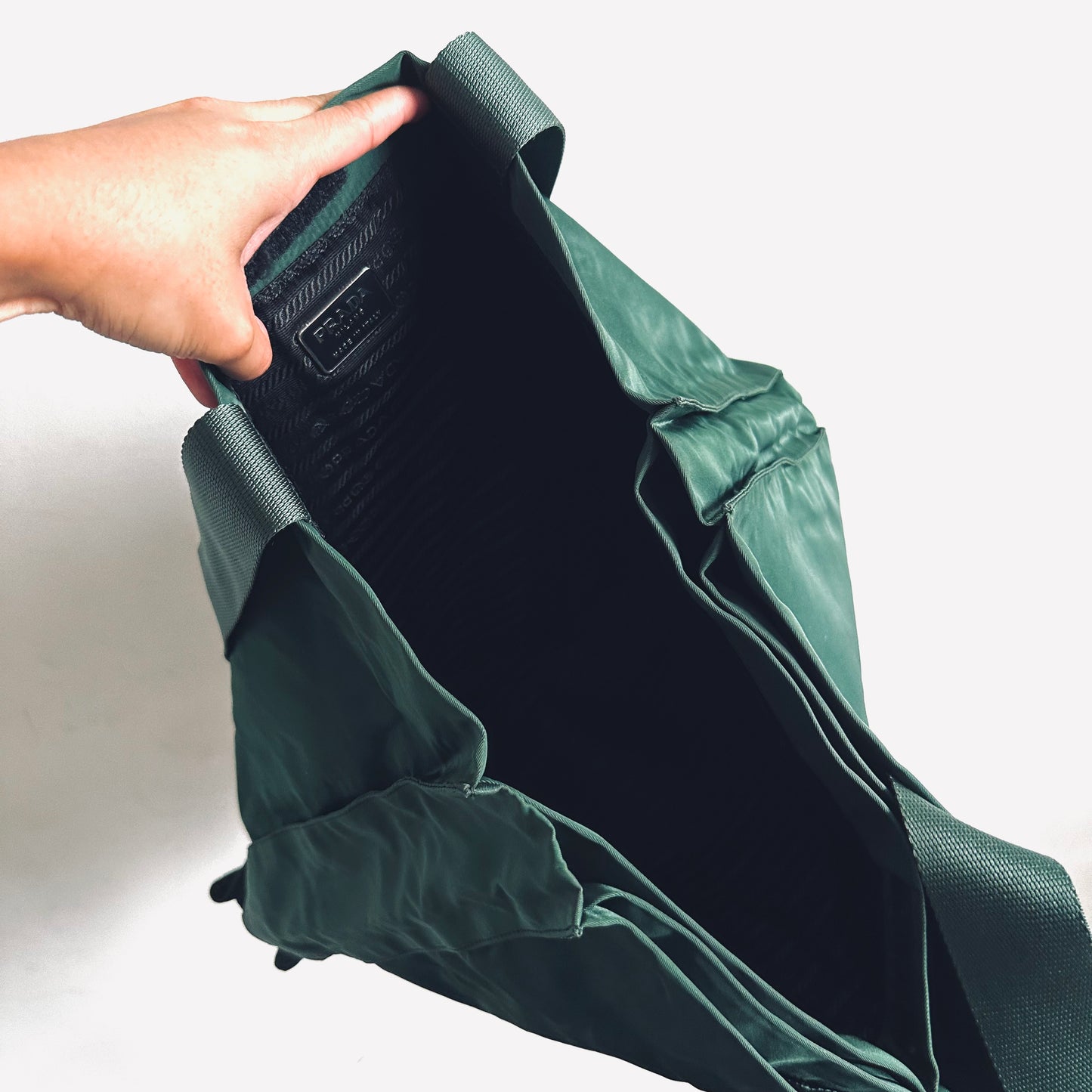 Prada Dark Green Malachite Tessuto Classic Monogram Logo Nylon Shopper Shoulder Tote Bag