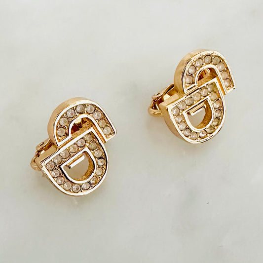Christian Dior CD Giant Monogram Logo Gold & Crystals Clip On Earrings