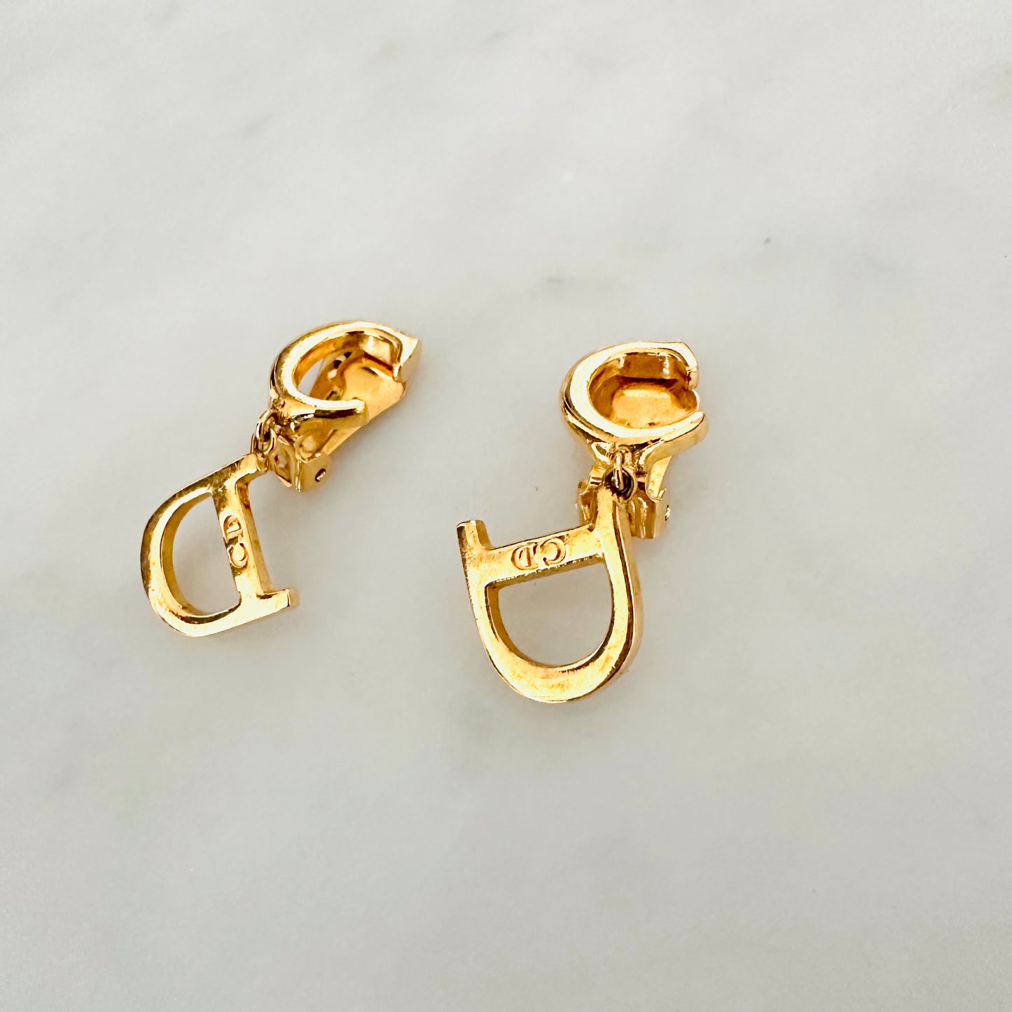 Christian Dior CD Monogram Logo Dangling Gold Vintage Clip On Earrings